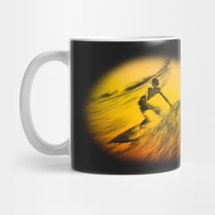 Surfer Catching Wave at Sunset in 1980s Vintage Look Mug